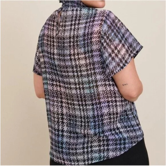 Torrid size 1 Multicolor Houndstooth Blouse Flutter Sleeves Sheer Plus 14 / 16 - Picture 3 of 7